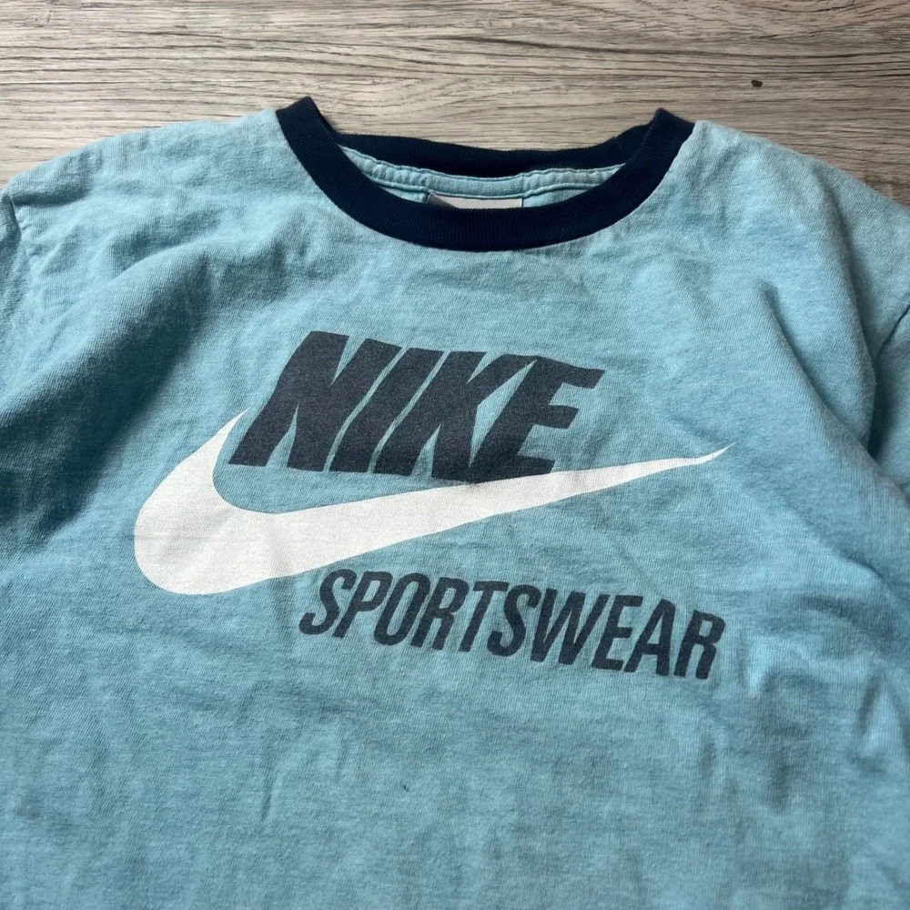Nike T-Shirt Girls M Blue Ringer Cropped Sportswear Logo Tee Short‎ Sleeve